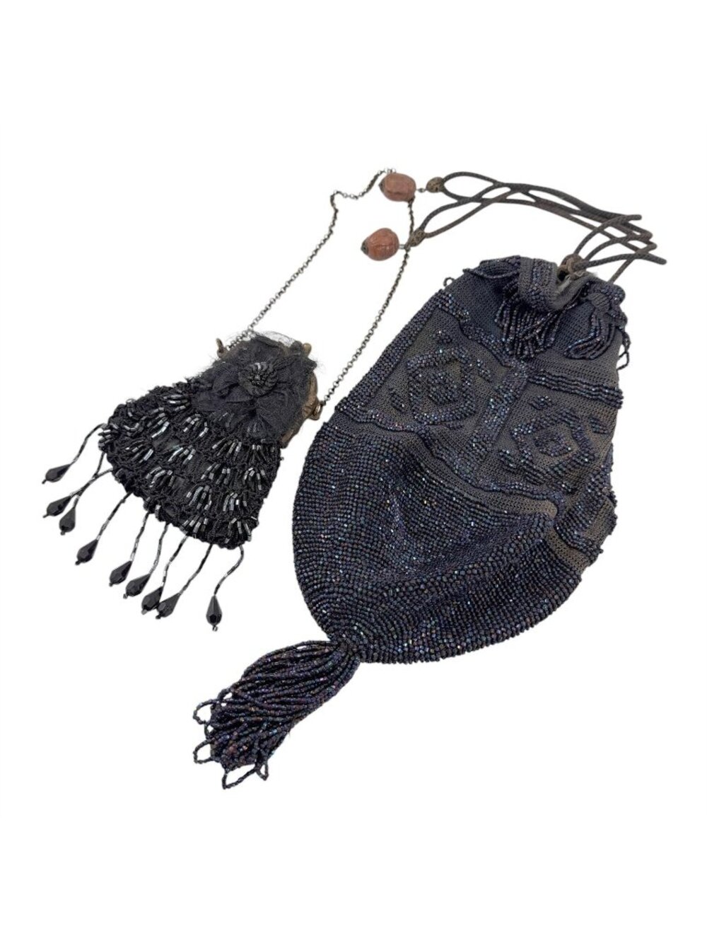 Small Black Beaded Evening Bag & Navy Blue Drawstring Purse Vintage 1930s